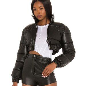 REVOLVE X H:OURS blaine cropped puffer coat in black faux leather size S